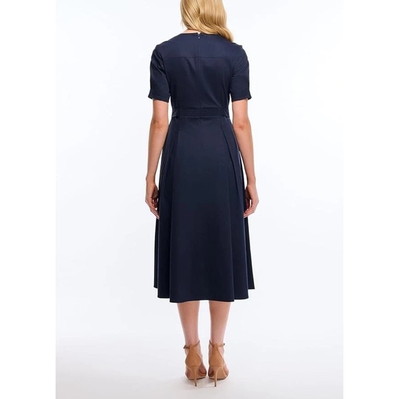 $398 Shoshanna Castell Cotton Cheryl Dress Navy Midi A-Line Chain Belt Pockets 4 - Picture 3 of 9